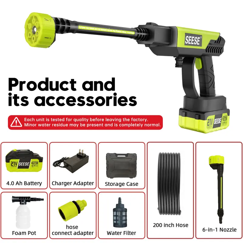 SEESE Cordless Pressure Washer Gun, 1000 PSI Portable Electric Washer for Vehicle, Driveway & Deck - Ergonomic Handle Design with 30min Runtime & 6-in-1 Nozzle