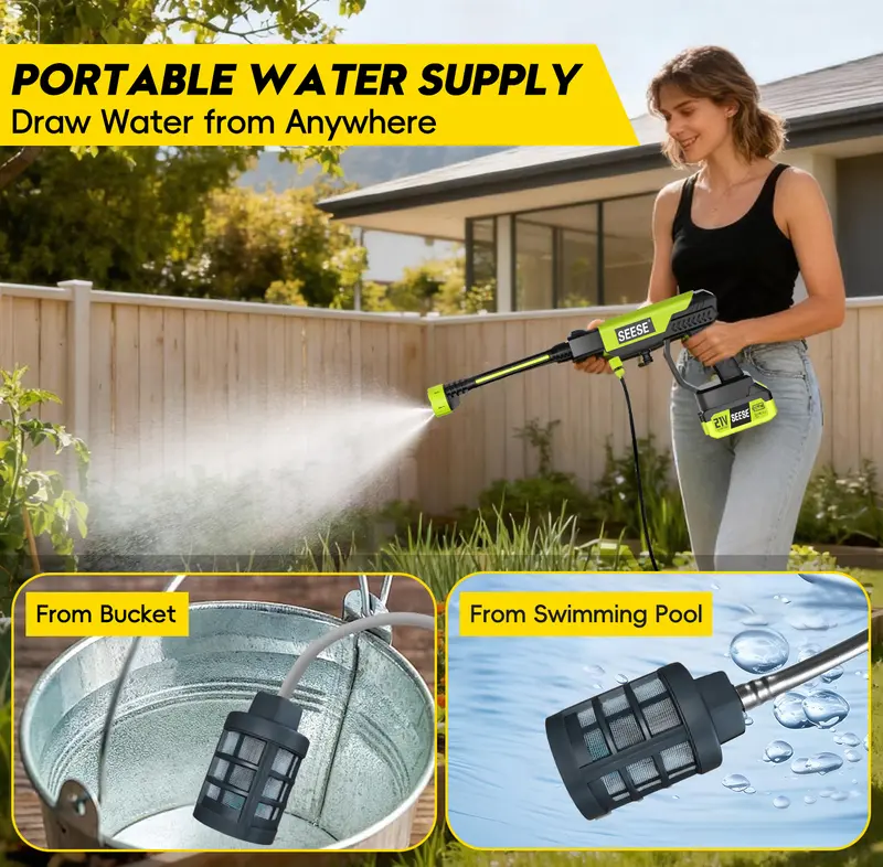 SEESE Cordless Pressure Washer Gun, 1000 PSI Portable Electric Washer for Vehicle, Driveway & Deck - Ergonomic Handle Design with 30min Runtime & 6-in-1 Nozzle